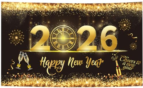 HOWAF Decorazioni Capodanno 2026, Nero Oro Capodanno Decorazioni Grande Festone Buon Anno Happy New Year Striscione 2026 Poster di Tessuto Sfondo Fotografico per Addobbi Capodanno 2026