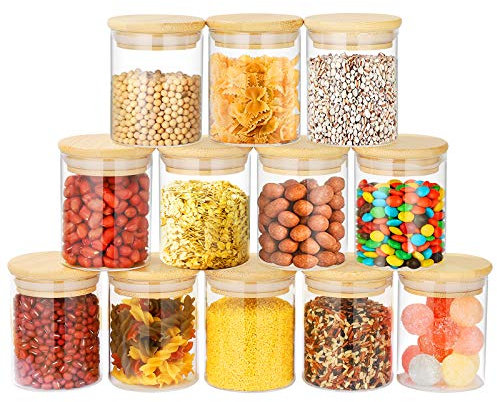 12 Set Glass Spice Jars with Bamboo Lids, 250ml Airtight Food Storage Containers, Kitchen Storage Jars, Stackable BPA-free Pantry Containers for Home Kitchen Tea Herbs Coffee Flour Herbs Grains