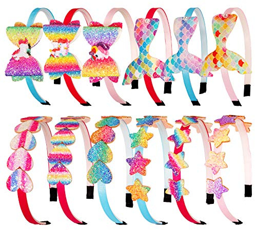 Whaline 12Pack Rainbow Headbands Set Glitter Heart Girls Headbands Rainbow Girls Star Hairbands Glitter Bow Unicorn Hairband Shiny Sequin Printed Mermaid Headband for Girl
