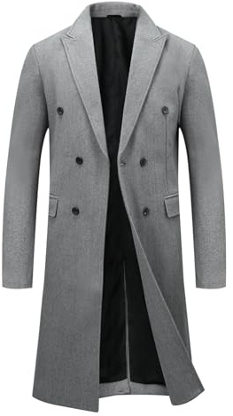 Allthemen Abrigo de invierno Hombre de Lana Cruzado hasta la Rodilla Abrigo de Invierno Largos Ajustados abrigos Casual de Negocio Gris L