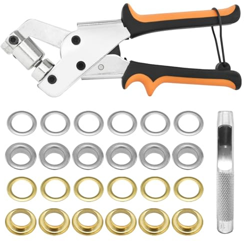 3/8 Inch 10mm Grommet Tool Kit Heavy Duty Handheld Grommet Press Pliers Easy and Safe to Punch Eyelet Hole Eyelet Plier with 500pcs Golden Grommets for Fabrics, Canvas, awnings