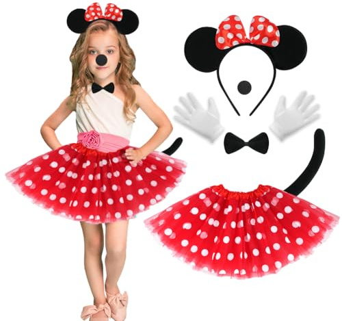 ACWOO Deguisement Minnie Enfant Fille, 7Pcs Polka Dot Princesse Jupe en Tulle Minnie Déguisement avec Oreille Bandeau, Gants, Nœud Papillon, Nez, Queue, Jupe à Pois Blancs pour Cosplay Halloween Noël