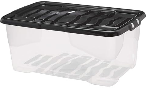 Strata 4 x 42 Litres Curve Plastic Stackable Storage Box & Lid with clip-on lids, Multi storage box for home and office storage solution - Clear/Black Lid