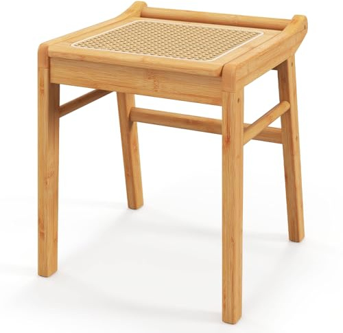 COSTWAY Dressing Table Stool, Bamboo Vanity Stool Footrest with Breathable Rattan Top and Foot Pads, Small Make-up Chair Seat Footstool for Bedroom, Living Room and Hallway, 38x40x43cm, Natural