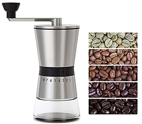 JAYEUW Manuell kaffekvarn i rostfritt stål och glas, espressomkvarn handkaffekvarn justerbar malningsgrad