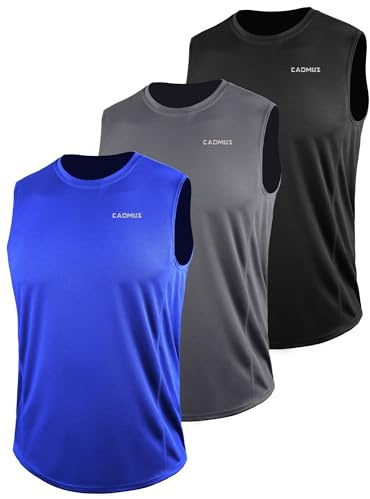 Cadmus Men's 3 Pack Running Tank Tops Breathable Workout Sleeveless Gym Fitness Vests Quick Dry Training Bodybuilding T-Shirts,Black,Grey,Blue,3XL