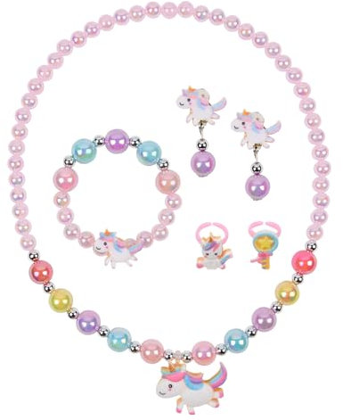 OSDUE Girls Unicorn Jewelry Set, Necklace Earring Bracelet Ring Set, Jewelry Favors Set for Little Girl, Princess Jewelry Party for Toddler Little Girl Play Party Favors, Birthday Gift