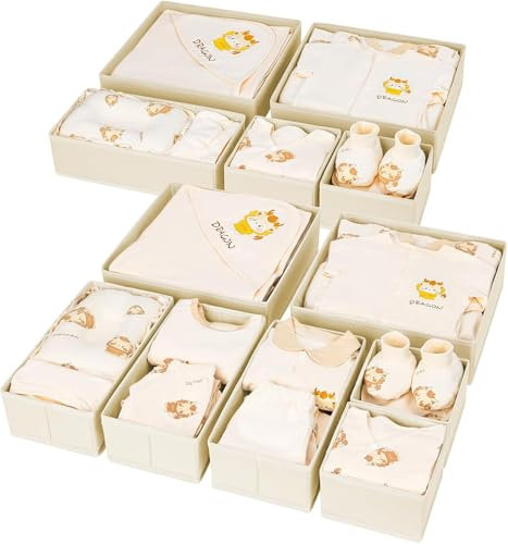 DIMJ 12-Pack Clothes Drawer Organisers - 3 Size Foldable Wardrobe Storage Organiser, Fabric Drawer Dividers for Underwear Socks Bras Ties Cosmetics Office Supplies Accessories, Stay Organised, Beige