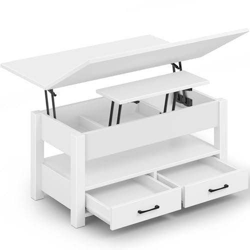 Rolanstar Couchtisch Höhenverstellbar, Wohnzimmertisch mit Schublade & verstecktem Fach, Kaffeetisch umwandelbar in Esstisch, 100 x 50 cm Sofatisch aus Holz, Weiß