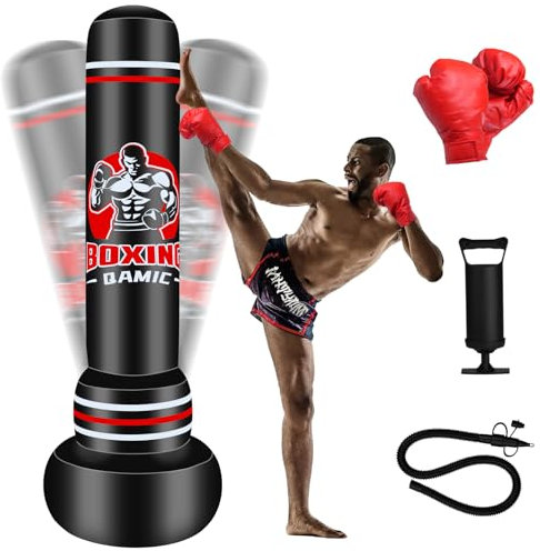 QAMIC Boxsack Erwachsene, 180cm Aufblasen Schweren Boxsack mit Boxhandschuhen und Luftpumpe, 0,5 mm dickem PVC-Material Standboxsack für MMA Muay Thai Fitness Anfänger Training