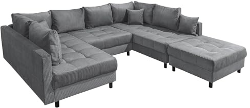 Riess Ambiente Moderne XXL Wohnlandschaft Kent - 305cm - anthrazit Cord - Bigsofa inkl. Hocker mit Federkern Couch