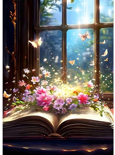 QQYRHN 5D Buch Fenster Diamond Painting Kit für Erwachsene Anfänger Blumen Diamant Kunst Kits Vollständiges DIY Traumland Diamantstickerei-Set Perfekt zur Entspannung und Dekoration 30x40 cm