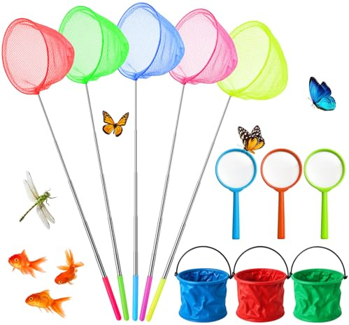 Furuising 11 Pack Kids Fishing Net Set, 5 Colorful Telescopic Butterfly Nets with 3 Magnifier and 3 Foldable Bucket Kit with Handle(37-82cm) for Pond Dipping, Rock Pool, Catching Fish, Crab, Insect