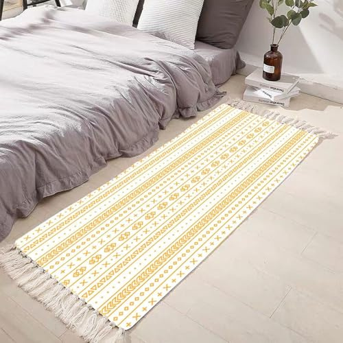 ANAZOZ Alfombra Verano Balcón 60 x 90 cm de Algodón Lino, Patrón de Geométrico con Borlas, Amarillo, Alfombra Antideslizante Pie de Cama Dormitorio