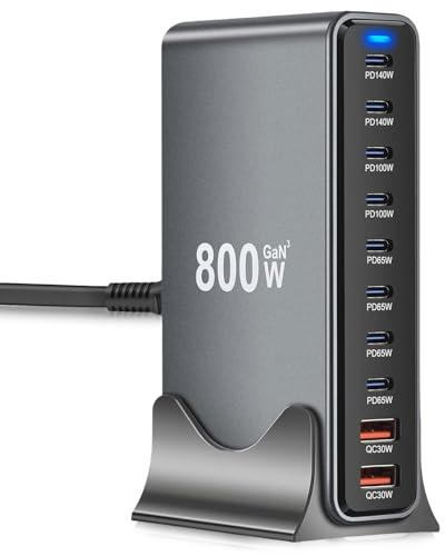 800 W GaN3 cargador múltiple, 10 puertos, estación de carga rápida, 8 puertos USB-C (140 W/100 W/65 W) y 2 puertos USB-A (30 W QC), cargador compacto multidispositivo, compatible con ordenadores