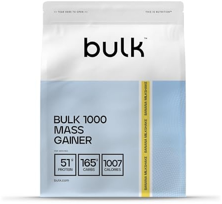 Bulk 1000 Mass Gainer Pulver | 2,5 kg | Bananen-Milchshake | Hochkalorischer Gainer mit 51 g Protein & 165 g Kohlenhydraten pro Portion | Mindestens 1000 Kalorien pro Portion | Ideal für Masseaufbau