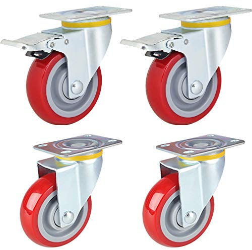 4 Ruedas giratorias para Muebles de Alta Resistencia, Rueda Industrial de Espuma de Poliuretano roja, Placa Superior de 360°, rodamiento de Bolas, Doble Bloqueo, sin Ruido, Capacidad de carg