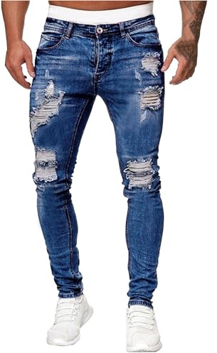 Jeansbyxor herr slim fit, fritidsbyxor herr jeans slitna stretch jeans skinny ribbade hip hop byxor med hål herrjeans casual denim jeans mode streetwear vintage utomhus byxor