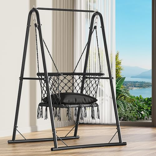 YITAHOME Fauteuil Suspendu avec Cadre pouvant Supporter jusqu'à 150 kg, Cadre en Acier Stable, balançoire Suspendue avec Coussin, 105 x 93 x 160 cm, Chaise Suspendue avec 2 Crochets, pour terrasse