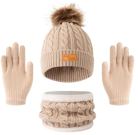 Bekecidi Ensemble bonnet, écharpe et gants d'hiver pour enfants, 3 en 1 - Bonnet d'hiver chaud pour enfants, écharpe et gants - Bonnet rond - Bonnets d'hiver chauds pour filles et garçons de 3 à 12
