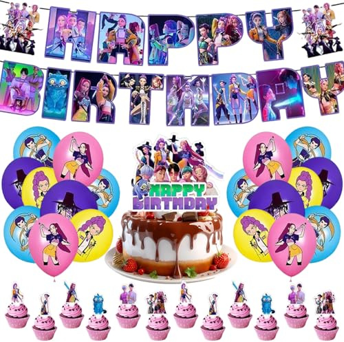 Kpop decoración de fiestas, Kpop globos de dibujos animados, Cazadores de demonios pancarta de feliz cumpleaños, decoración para tartas, 12 mini adornos y 16 globos, para fiestas de cumpleaños