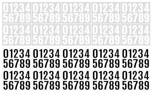 Rainway 20 fogli di adesivi con numeri, 0-9 in nero e bianco - adesivi per numeri civici in PVC resistenti alle intemperie da 40 mm, autoadesivi per cassetta delle lettere, bidoni della spazzatura