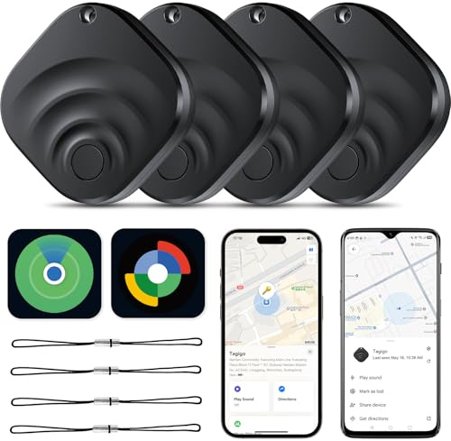 TIMU Smart Tracker Tag 4 Pack for iOS and Android, Bluetooth 5.4 tracker Tag Works on Google and Apple's Find My app, 2 Years of Use, IP67 Waterproof Key Finder/Item Finder/Luggage Tracker（Black）