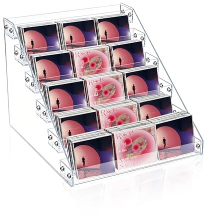 DICOSMETIC 6 Tier Clear Acrylic CD Holder 31x32x24.1cm Clear DVD Display Rack Vinyl Record Storage Stand Holds up to 24 Standard CD Cases for Desk Home Retail Counter