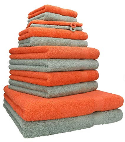 Betz Premium Handtuch-Set 12-teilig – 100% Baumwolle – Oeko-TEX® Zertifiziert – hohe Grammatur – Duschtücher, Handtücher, Gästetücher & Waschhandschuhe - Farbe blutorange/heugrün