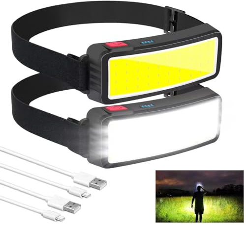 Torcia frontale ricaricabile, 5000 lumen, fascio largo, 3 modalità di illuminazione, luce leggera e impermeabile, adatta per esterni, corsa, pesca, campeggio (2 confezioni)