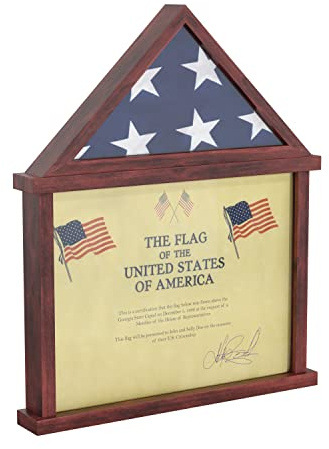 HBCY Creations Flag Display Case with Certificate Holder for 3' x 5' American Flag, Solid Wood with Glass Front with Wall Mount or Standing Display, Cherry Finish