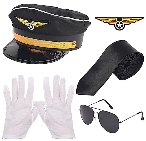 Lezevn 5Pcs Airline Pilot Costume Kit Captain Pilot Hat Aviator Sunglasses Tie Airplane Pin Gloves Halloween Costume Accessories