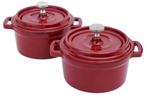 Flavehc Mini Cocotte 16 oz Mini Dutch Oven 0.5 qt. Cast Iron Garlic Roaster for Oven Garlic Confit Pot Ramekins with Lids Oven Safe Set of 2, Red