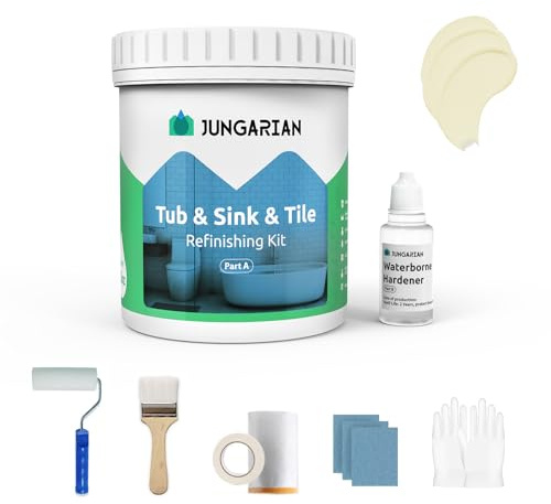 Jungarian Tub and Tile Refinishing Kit 35oz with Tools, Low Odor DIY Bathroom Paint Sink Tub Countertop Tile Shower Paint for Bathroom Kitchen Porcelain Fiberglass, Semi-Gloss Cream