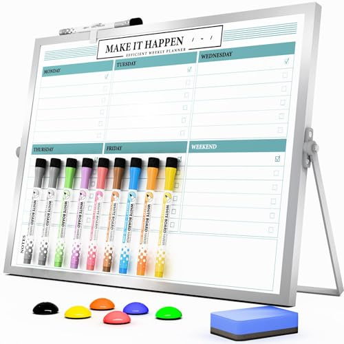 Marsrock Lavagna bianca cancellabile a secco con supporto, lavagna settimanale su entrambi i lati, 30,5 x 40,6 cm, 10 pennarelli, 6 magneti, 1 gomma, lavagna bianca portatile da scrivania per