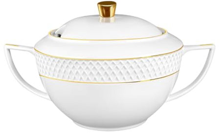 Wilmax - Soupière avec couvercle - 2800 ml - Vase en porcelaine avec motif doré - Blanc - Soupière résistante à la chaleur - Soupière pour servir la soupe ou les plats uniques