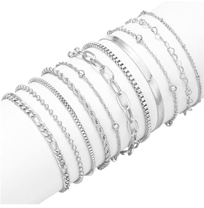 KGDUYC 10Pcs Armband Damen Edelstahl Ketten Vergoldet Armbander Armbänder Set 14K Twist Schlange Armkette Damen CZ Verstellbar Armband Set Charm Armband Armband Damen Frauen - Silber