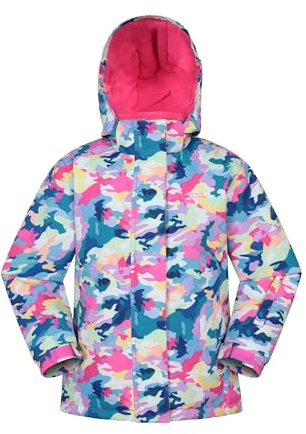Mountain Warehouse Snowdrop Printed Kids Ski Jacket - Waterproof, Integrated Snowskirt, Detachable Hood, Adjustable Cuffs -Best for Snowboarding, Winter Sports Bright Pink Kids Size 7-8 Years