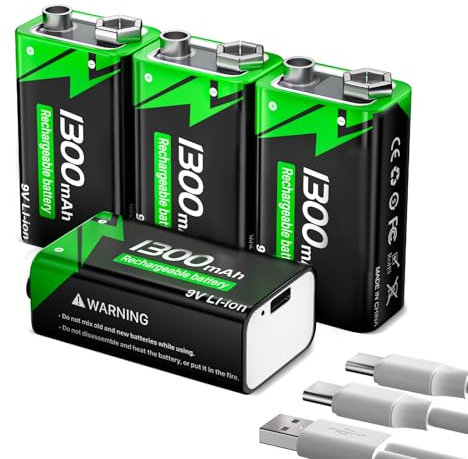 Batería recargable de 9 V, 1300 mAh de iones de litio con cable de carga rápida USB-C, ideal para detectores de humo, alarmas, micrófono, multímetro, etc. 4 unidades