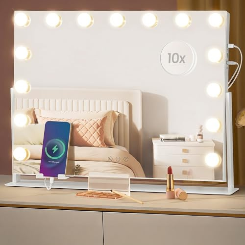 SONGMICS Vanity Makeup Mirror with Lights, Charging Ports, 15 Dimmable LED Bulbs, 3 Colour Temperatures, Detachable 10x Magnifying Mirror, Phone Holder, 58 x 43 cm, Matte White LWM001W03
