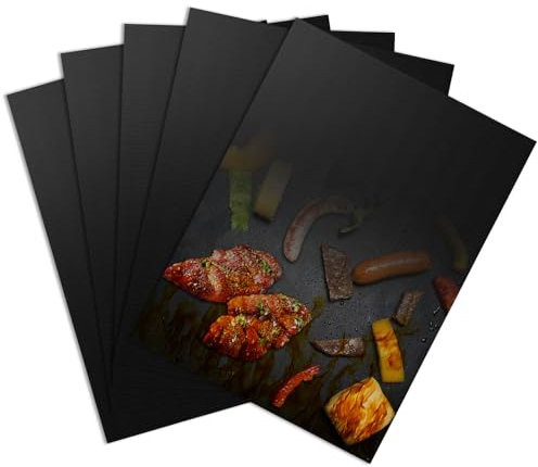 Set da 5 Tappetini da Forno BBQ 40x30 cm, Carta forno Riutilizzabile, Resistenti al Calore e Tagliabili, Carta da Forno Permanente per Barbecue a Gas, Barbecue a Carbone e Forno