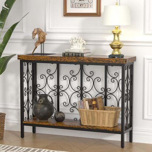 ikkle Konsolentisch, 108cm Industrieller Konsolentisch Schmal - Flurtisch Hinter dem Sofatisch mit 2 Etagen Lagerregal aus Holz in Rustikalem Braun für Eingangstisch, Wohnzimmer, Flur