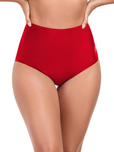 Ocean Blues Women's High Waisted Bikini Bottom Full Coverage Swimsuit Red
