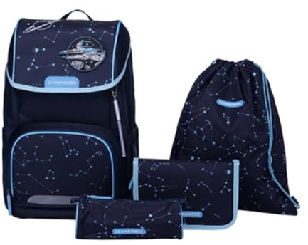 Schneiders Ergojet Schultasche Set Space Dream (6-teilig) – Wandelbarer Jungen-Schulranzen mit LED-Licht, ergonomisch & nachhaltig, leicht (990g), Weltraum-Motiv, 21L, Blau