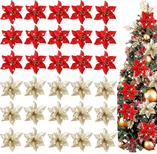 Snokipye 30pcs Fleurs Artificielles Décoration Noël Fleurs de Poinsettia Scintillantes Guirlande de Noël Sapin Décorations pour Maison Mariage Nouvel