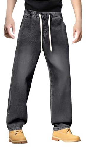 Generiska jeansbyxor för män normal passform: Denim byxor med dragsko jeans raka ben jeans långa tygbyxor andas slip-on byxor lätta fritidsbyxor klassiska utomhus stretchjeans för unisex
