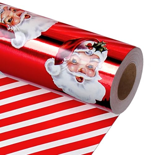 BIOBROWN Vintage Santa Foil Christmas Wrapping Paper Roll, 43cm x 10m | Double-sided foil reversible wrap, vintage Santa and candy cane stripe design for festive Xmas gift wrapping