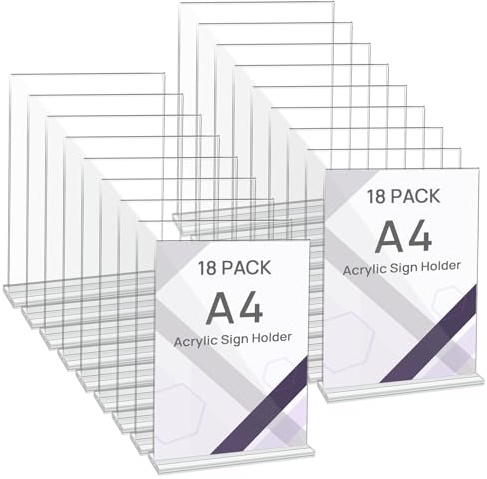 JEFURE Set di 18 Porta-poster in Acrilico A4, Cavalletto da Tavolo in Acrilico, Supporto a T per Documenti, Porta-menu, Presentatore per Ufficio, Negozio, Ristorante