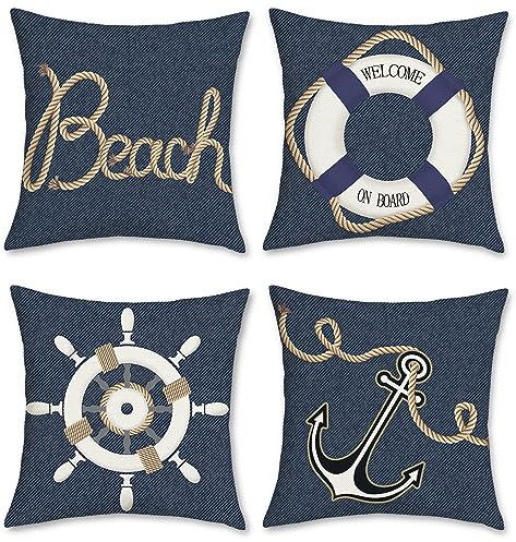 Bonhause Federe per Cuscini Nautico Ancora 40 x 40 cm Copricuscini Decorativi Texture Denim Blu Marino Poliestere Biancheria Federa per Cuscino Divano Letto Casa Decorazione Set di 4