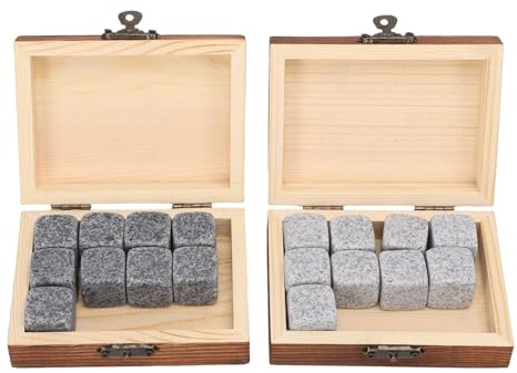 TIKATARER Set per il Raffreddamento del Whisky, Rocce Refrigeranti Riutilizzabili Non Diluenti, Pietre di Granito con 18 Pezzi in 2 Scatole di Legno, Ideali per Whisky, Vino, Vodka e Cocktail (2